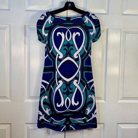 SHORT SLEEVE GREEN & ROYAL PRINT SHEATH by INC S - Picture 4 of 5